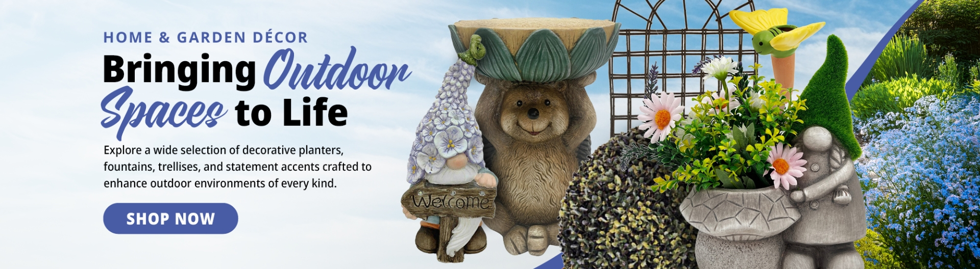 A collage of garden decor alongside text that reads Bringing Outdoor Spaces to Life