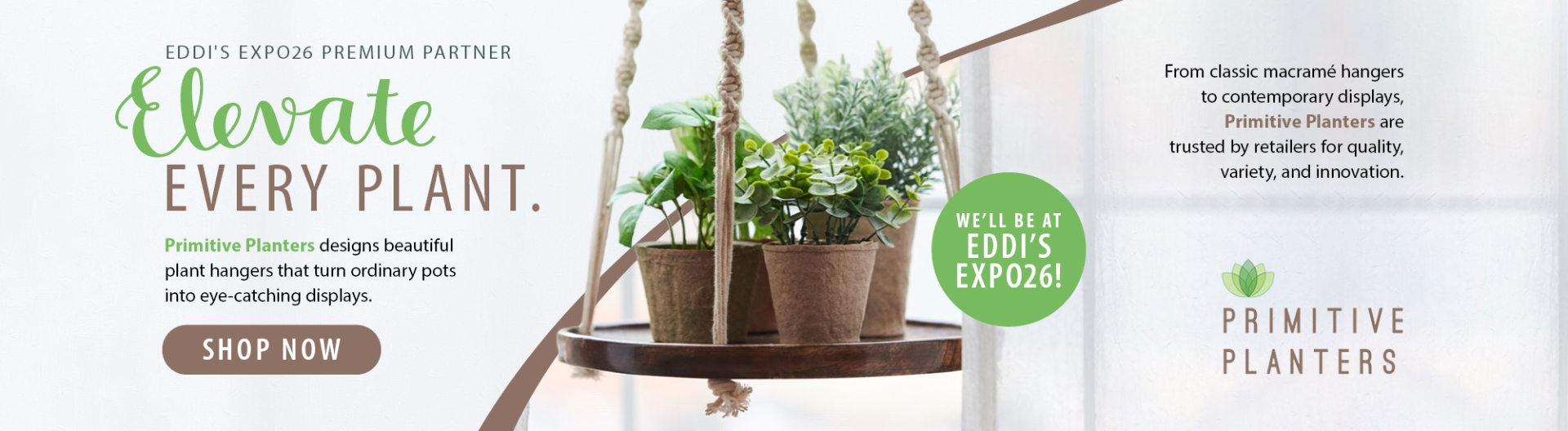 Primitive Planters designs beautiful plant hangers that turn ordinary pots into eye-catching displays.