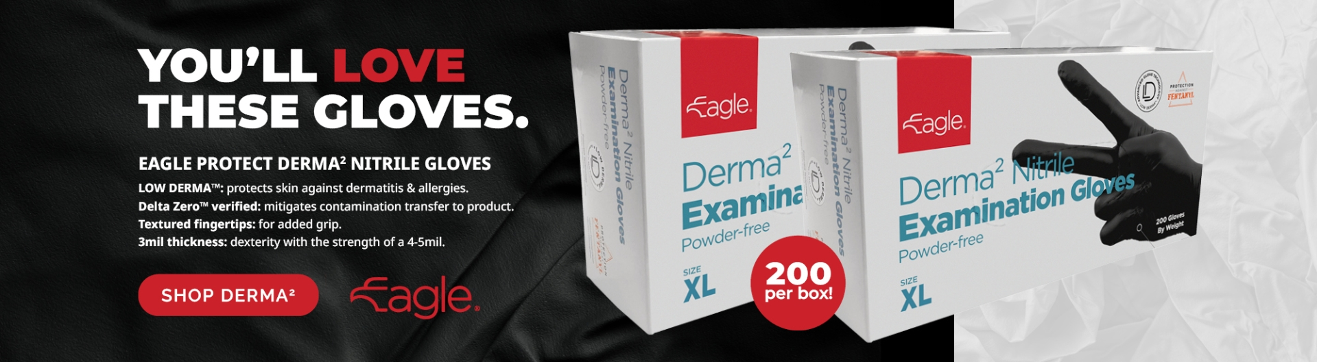 Eagle Protect Derma2 nitrile gloves in boxes
